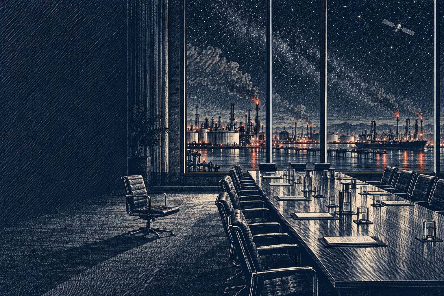Illustration éditoriale : une longue table de négociation dans une salle aux hautes fenêtres donnant sur un port pétrolier nocturne où des réservoirs fument à l'horizon ; une chaise est restée à l'écart de la table, et un satellite traverse le ciel.