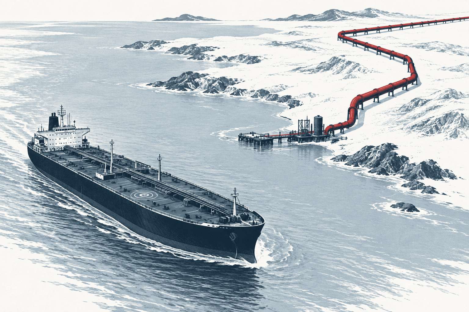 Illustration éditoriale symbolique des routes pétrolières et de leur vulnérabilité.