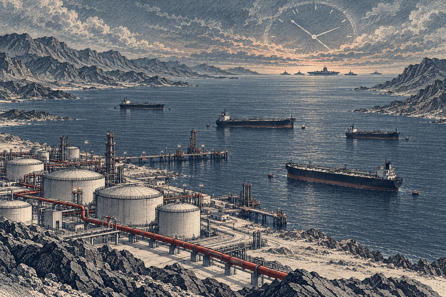 Illustration éditoriale : un dépôt de carburant et ses réservoirs au bord d'un détroit montagneux, des pétroliers au mouillage, un groupe aéronaval à l'horizon et un cadran d'horloge dessiné dans les nuages.