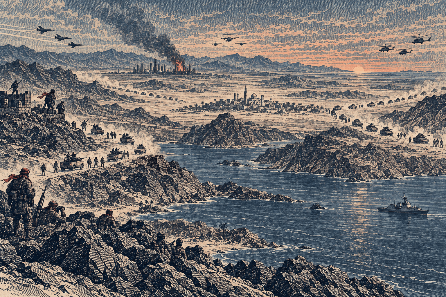 Illustration éditoriale : une côte montagneuse au bord d'un détroit au crépuscule, des combattants sur les crêtes, des colonnes de véhicules et des avions convergeant vers l'intérieur des terres où brûle une installation pétrolière, un navire de guerre à distance.