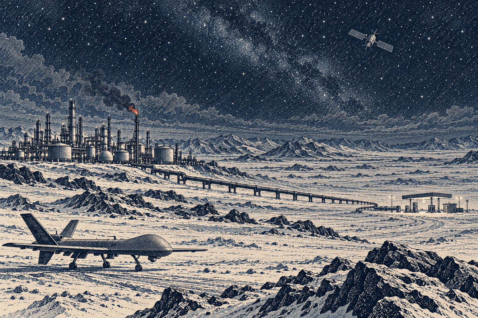 Editorial illustration: a refinery at night on the edge of a snowy plain, linked by a long pipeline to an isolated petrol station under a vast sky, while a satellite crosses the sky above a grounded drone.
